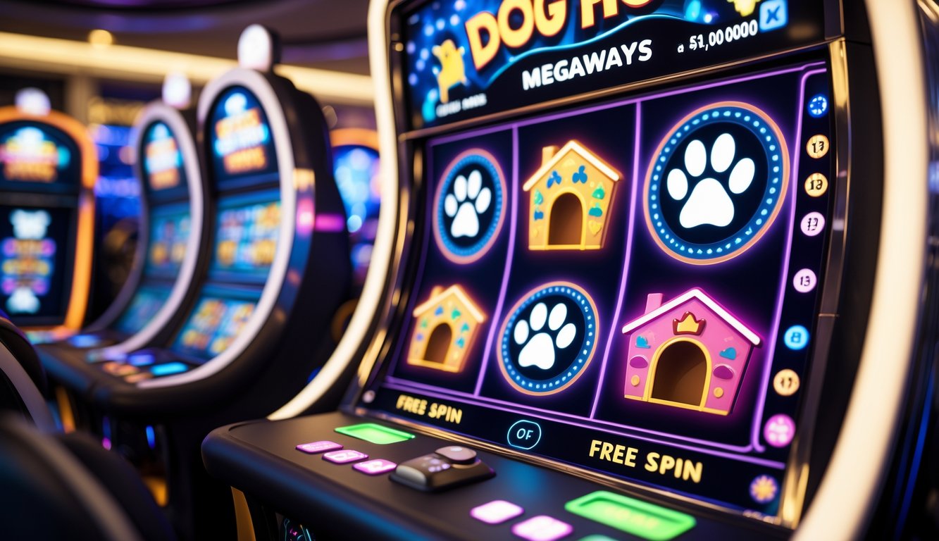 Mesin slot modern dengan tema rumah anjing yang penuh warna dan simbol seperti jejak kaki, tulang anjing, dan rumah, menunjukkan suasana kemenangan dan putaran gratis.