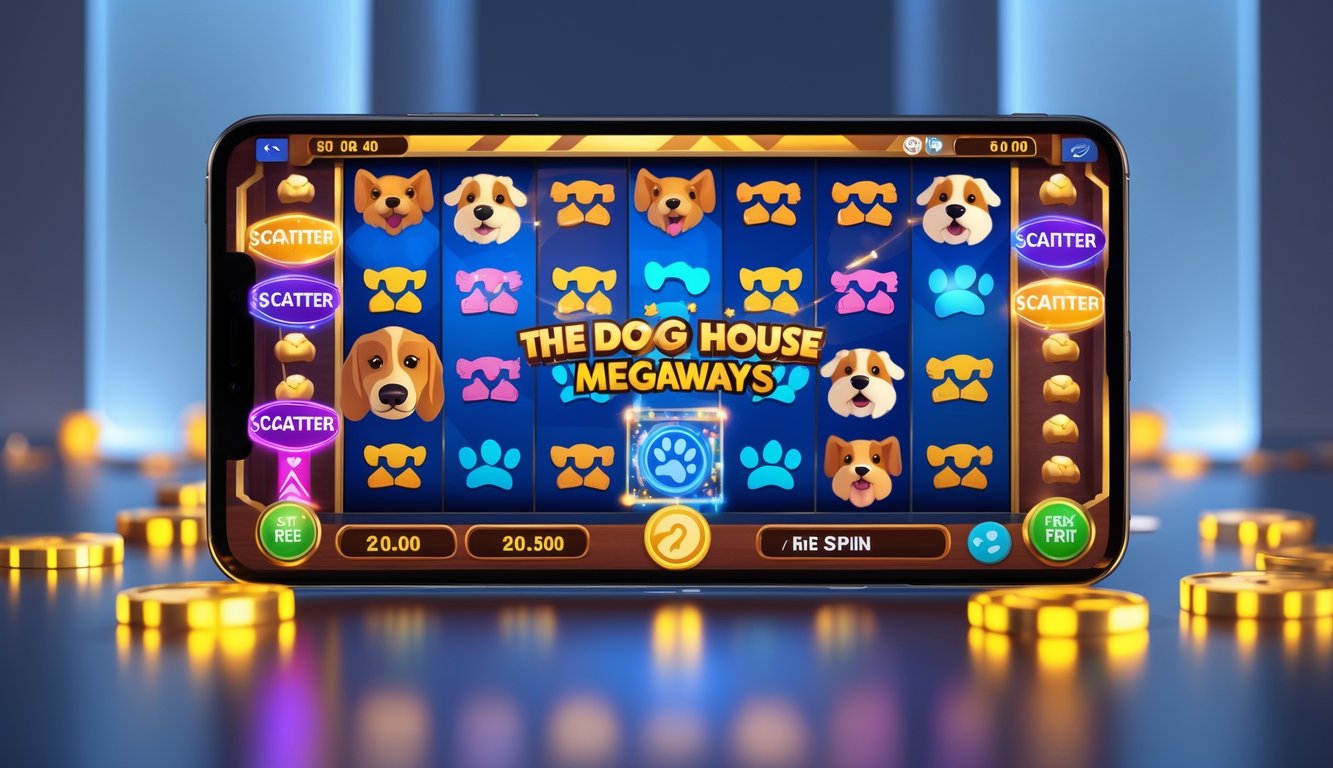 Tampilan layar perangkat digital yang menampilkan permainan slot online dengan ikon anjing dan simbol scatter serta fitur putaran gratis.