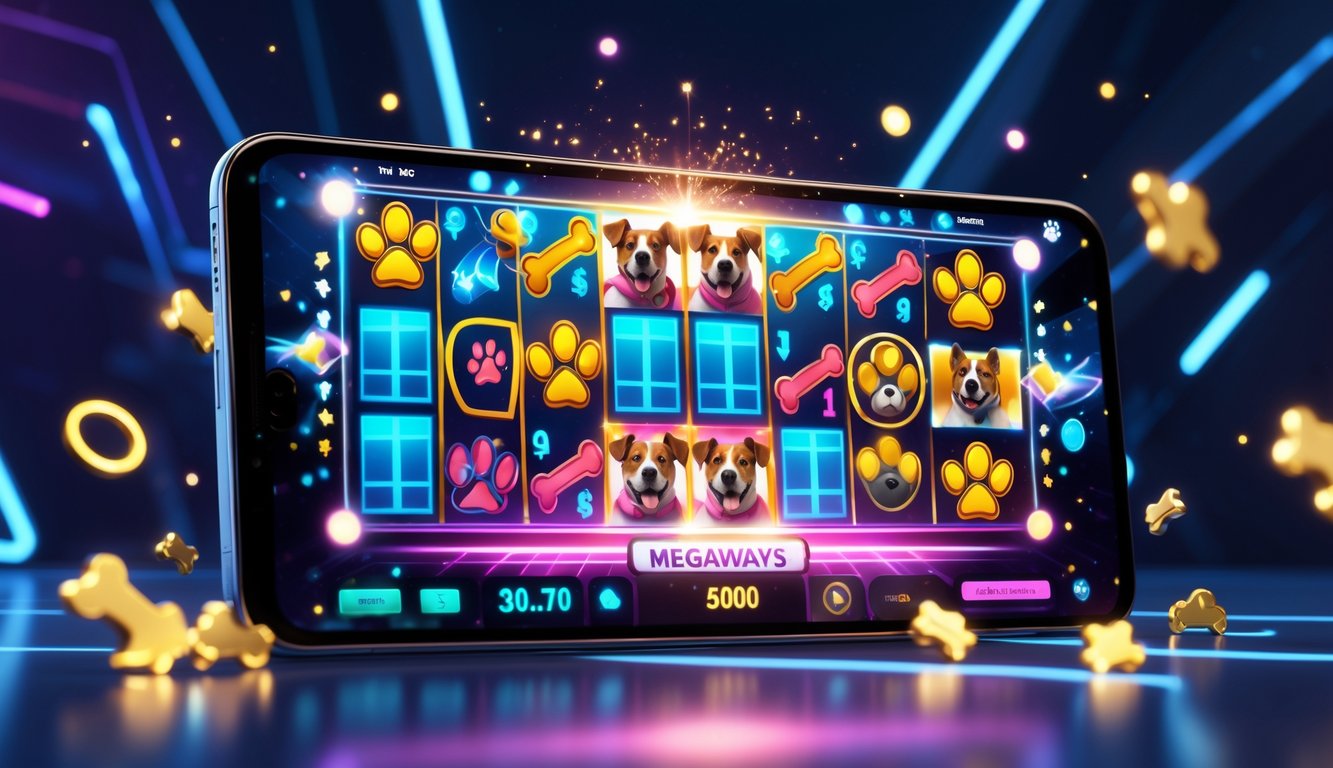 Layar perangkat digital menampilkan permainan slot online bertema anjing dengan ikon tulang, jejak kaki, dan rumah anjing yang berwarna-warni.