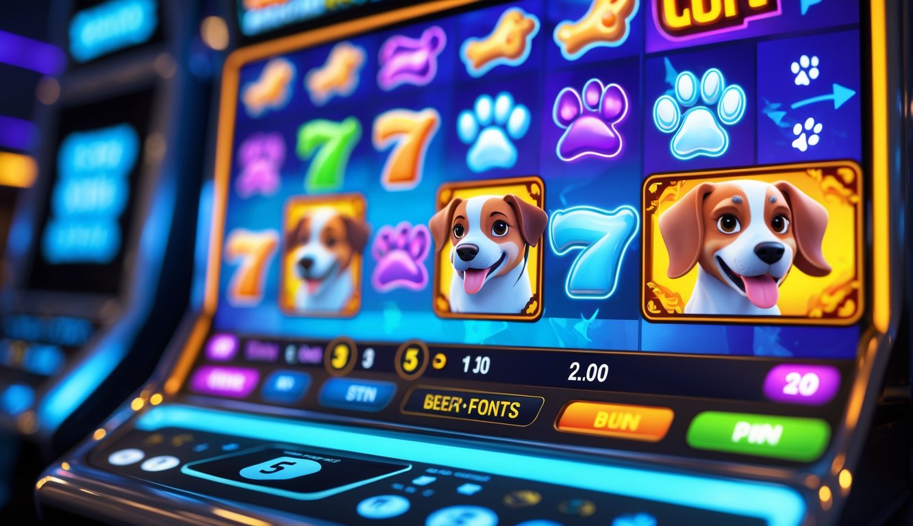 Tampilan layar mesin slot digital dengan tema anjing, tulang, dan simbol keberuntungan dalam warna cerah.