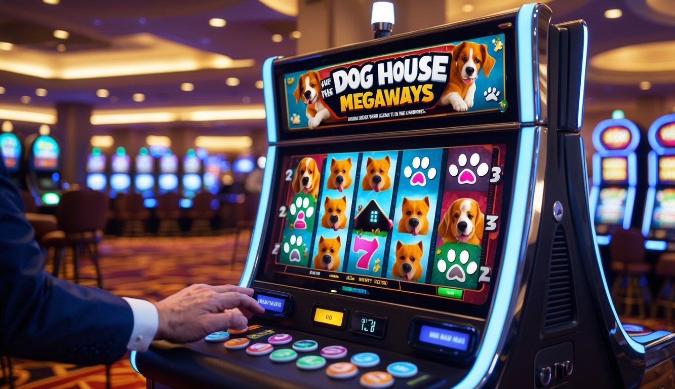 Seorang pemain sedang bermain mesin slot bertema anjing di dalam kasino yang terang dan modern.