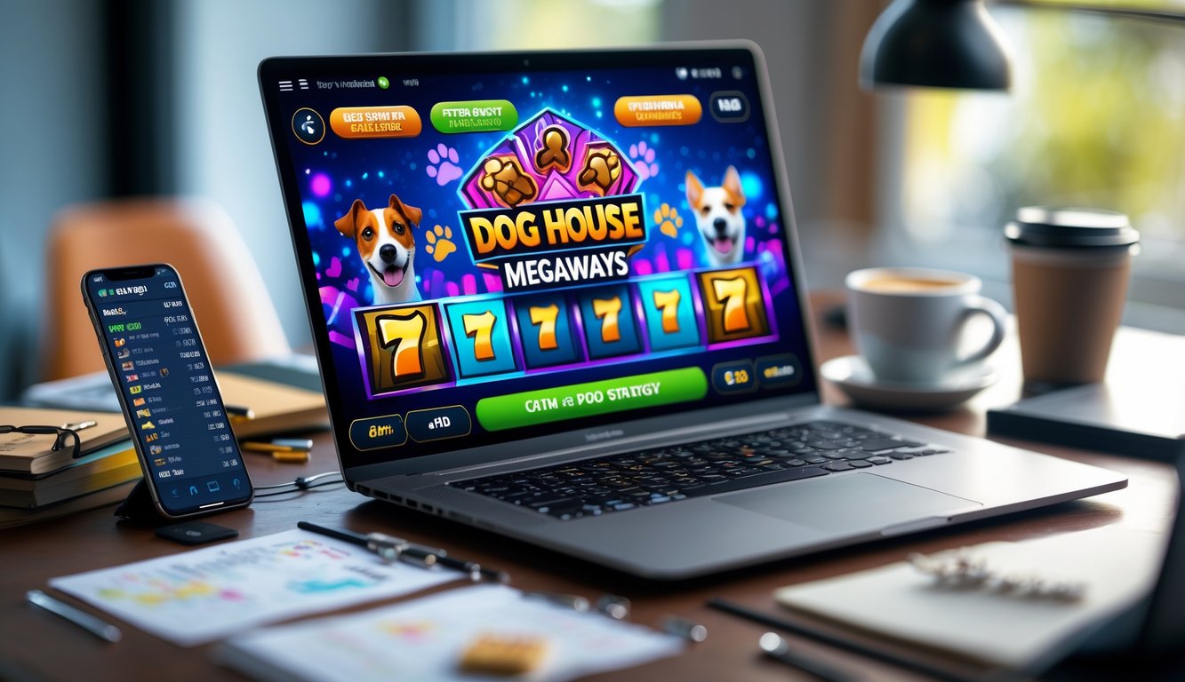 Sebuah ruang kerja dengan laptop yang menampilkan permainan slot The Dog House Megaways, dikelilingi oleh catatan, ponsel, dan secangkir kopi.
