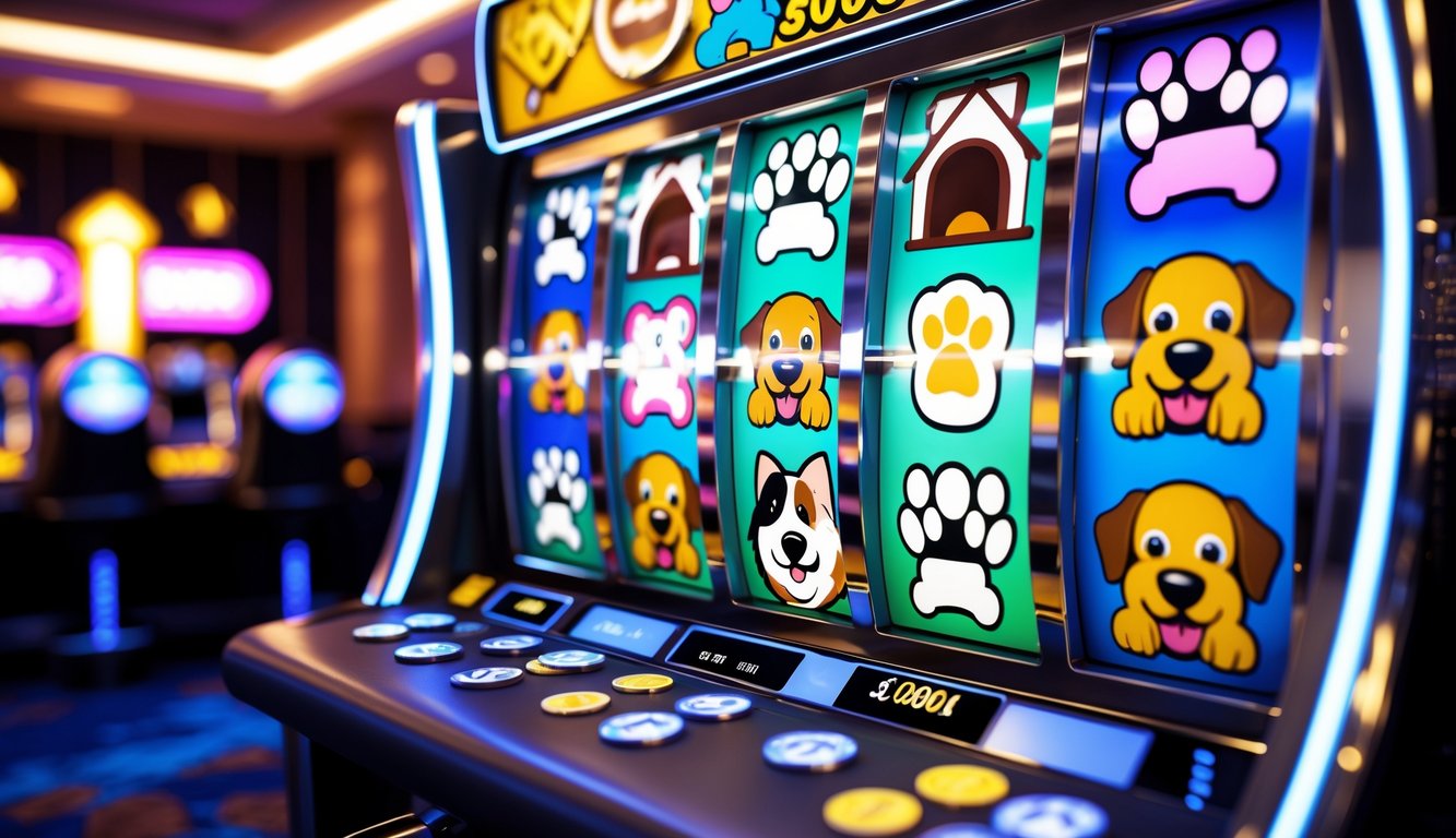 Mesin slot modern dengan tema rumah anjing berwarna cerah di dalam kasino yang terang dan penuh energi.