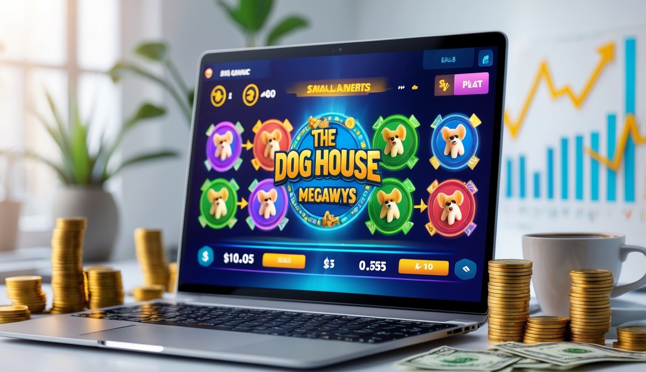Sebuah komputer dengan layar menampilkan permainan slot bertema anjing, dikelilingi oleh tumpukan koin dan grafik keuntungan, di meja kerja yang rapi.