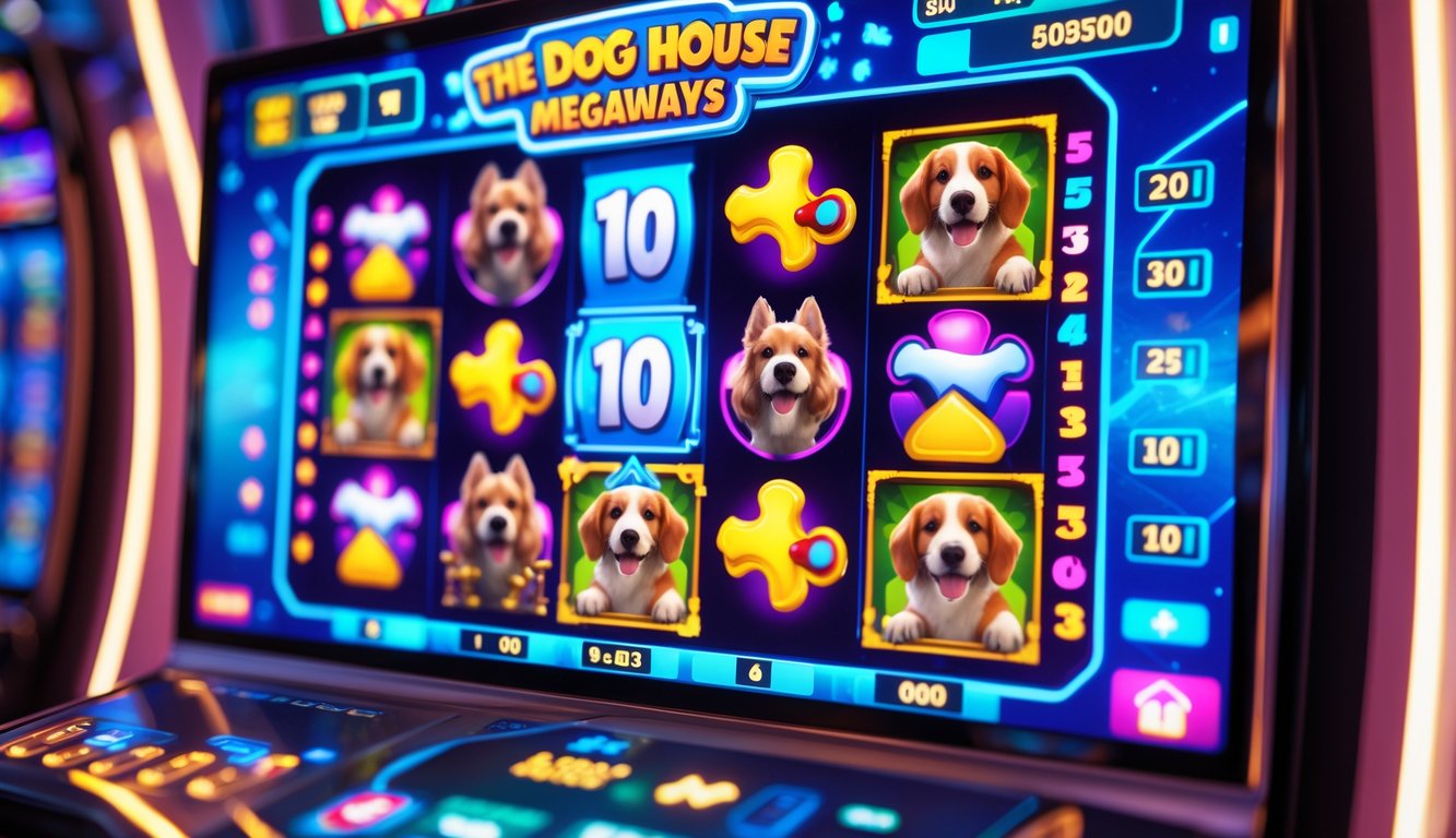 Layar permainan slot online dengan simbol anjing, tulang, dan rumah yang berwarna-warni di latar belakang kasino yang terang.