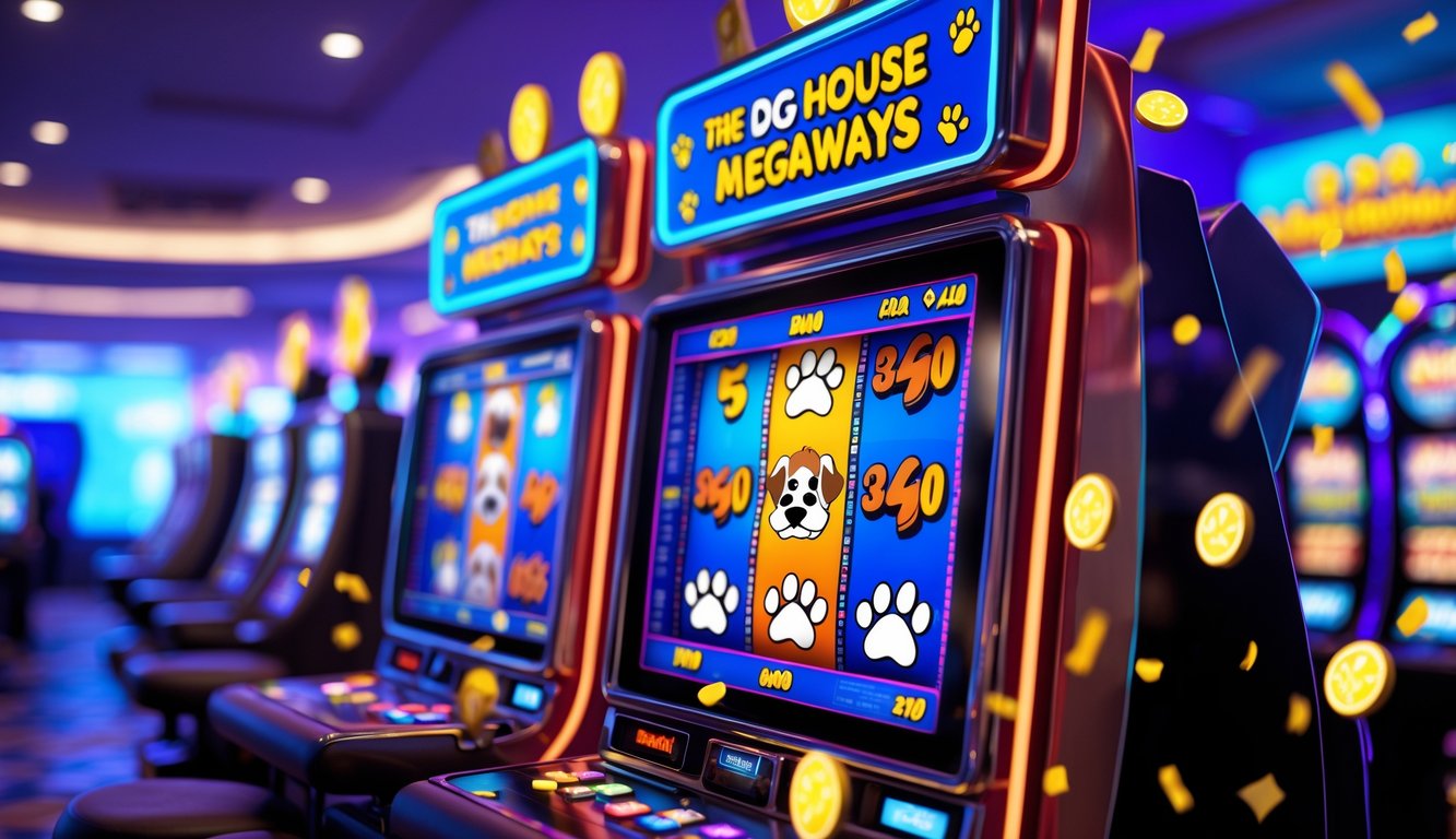 Mesin slot modern dengan ikon anjing dan tulang, dikelilingi koin berkilau dan simbol jackpot di dalam kasino.