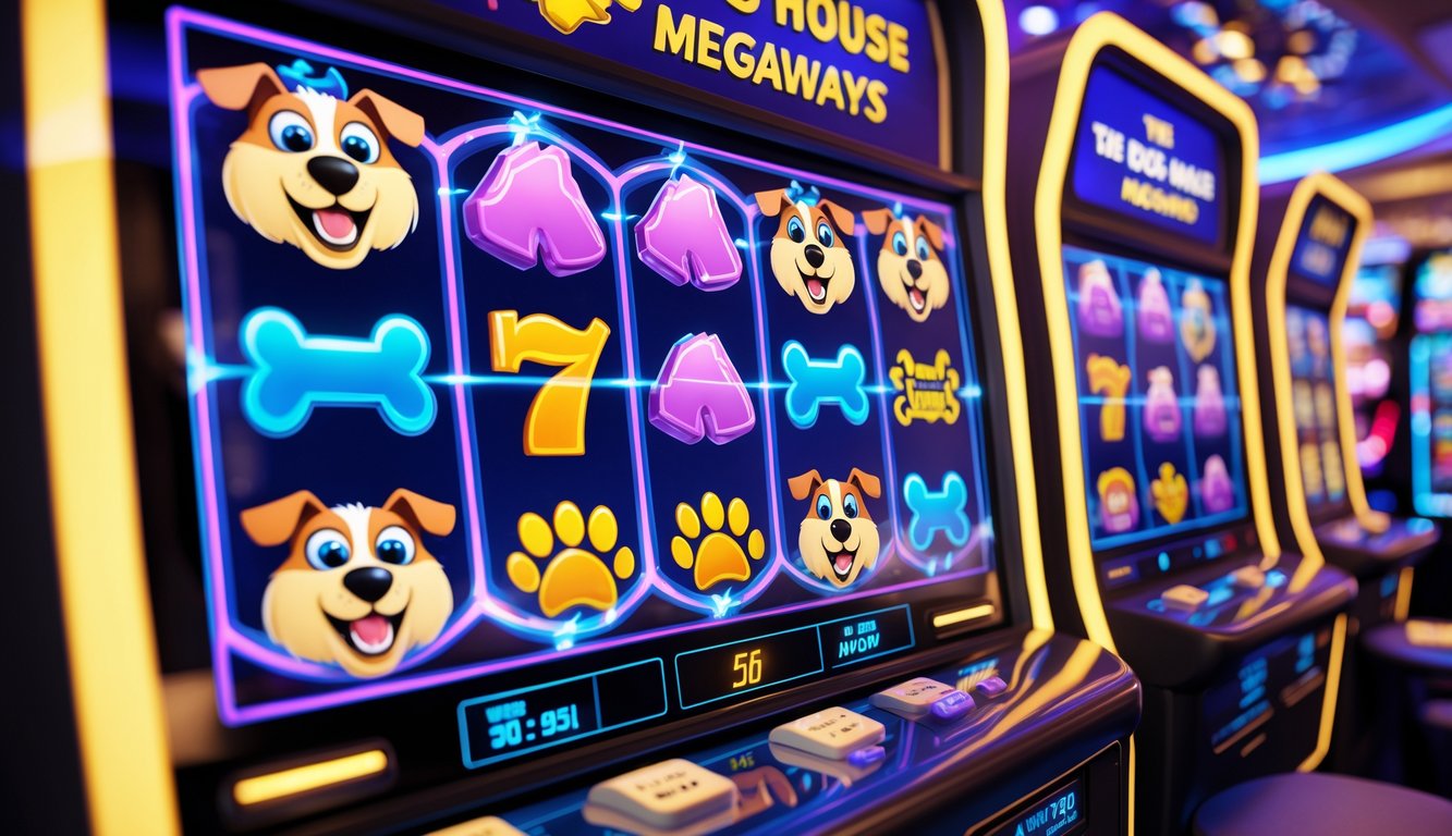 Mesin slot dengan simbol anjing, tulang, dan jejak kaki dalam suasana kasino yang cerah dan hidup.