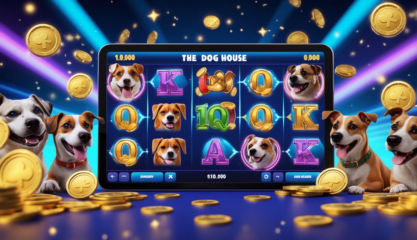 Layar komputer menampilkan permainan slot online dengan simbol anjing dan koin berkilauan di sekitarnya.