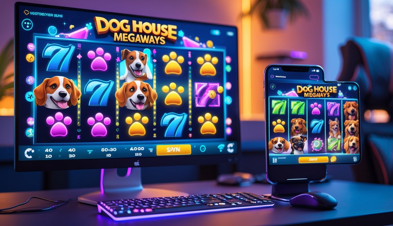 Suasana ruang bermain game online dengan komputer dan ponsel menampilkan permainan slot bertema anjing.