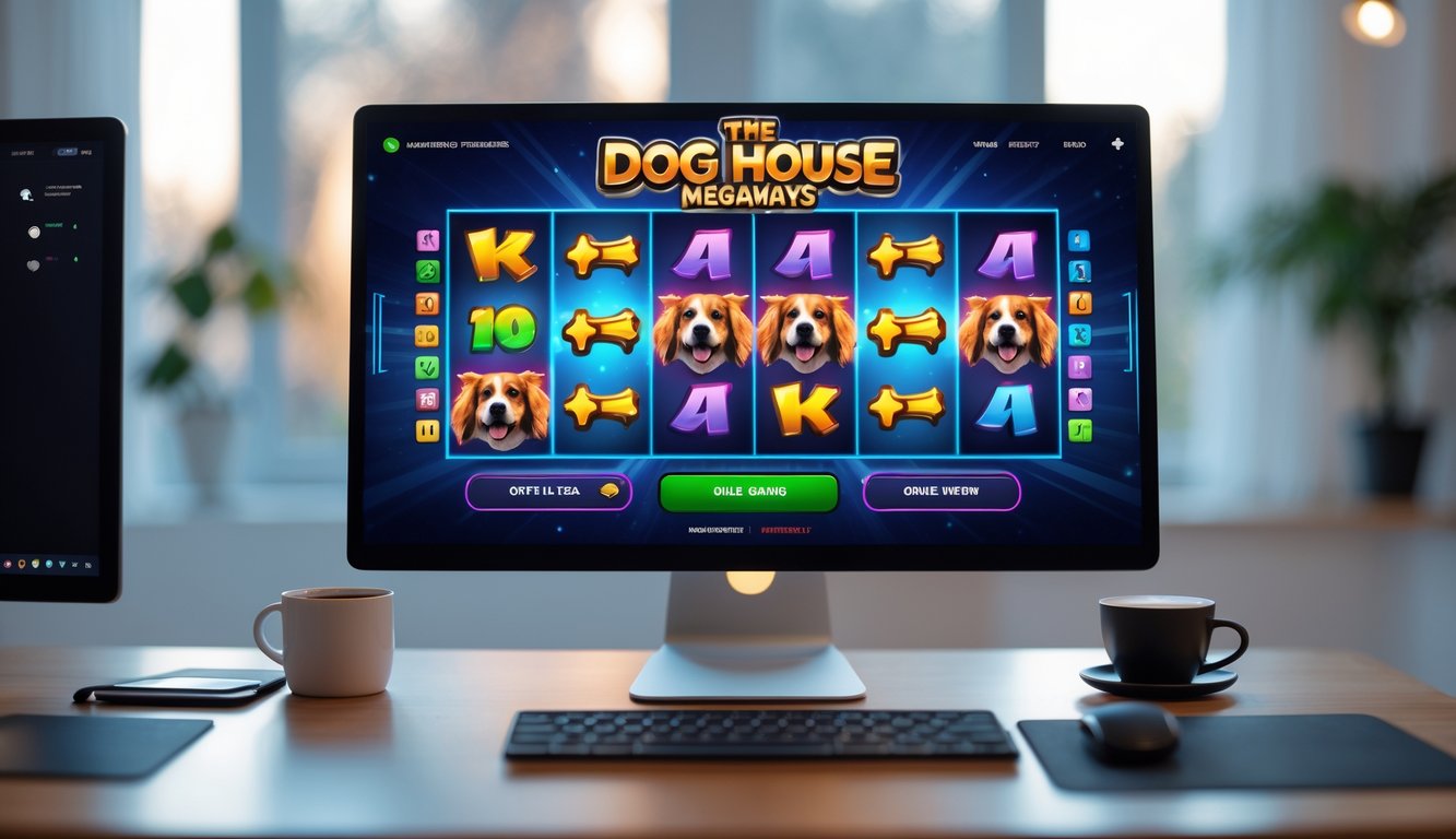 Sebuah meja kerja dengan komputer menampilkan permainan slot online bertema anjing dengan grafik warna-warni, di latar belakang ruang kerja yang nyaman.