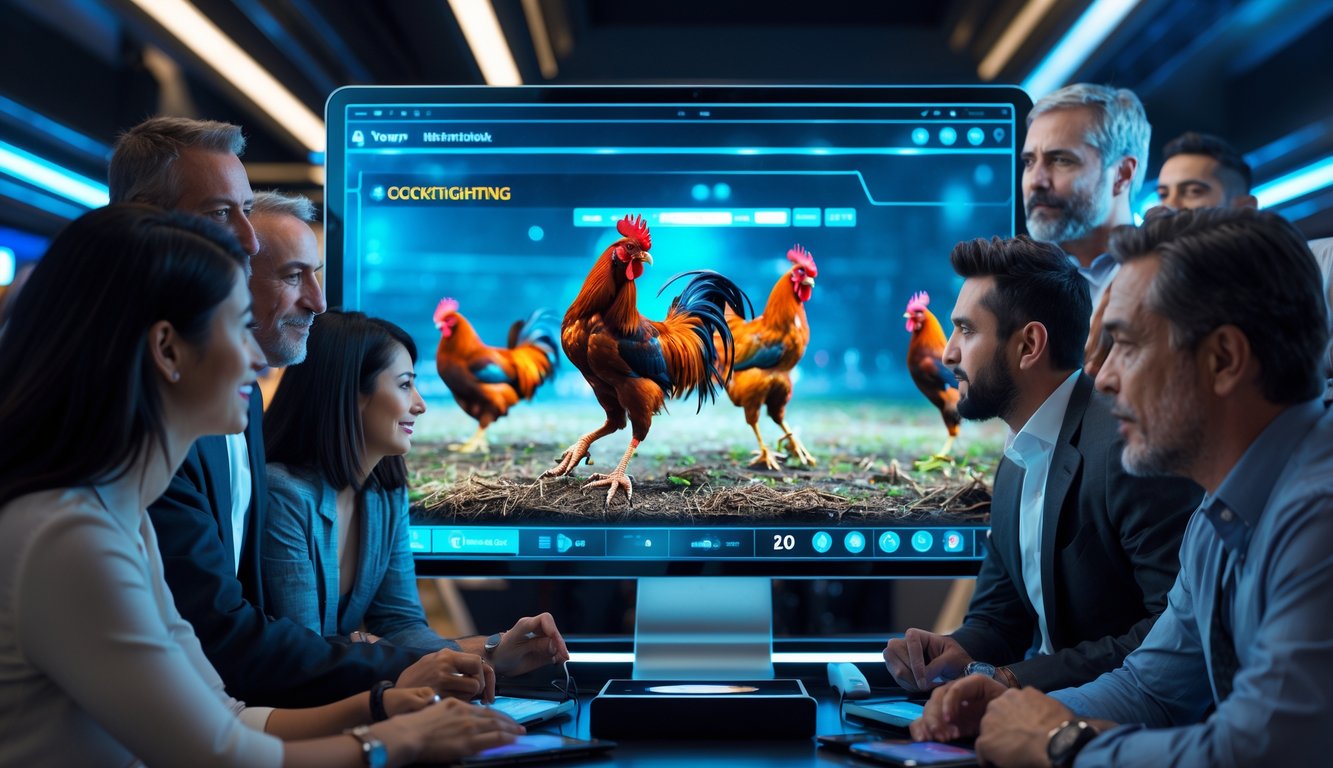 Orang-orang menonton siaran langsung pertandingan sabung ayam secara online dengan layar digital besar di ruangan modern.
