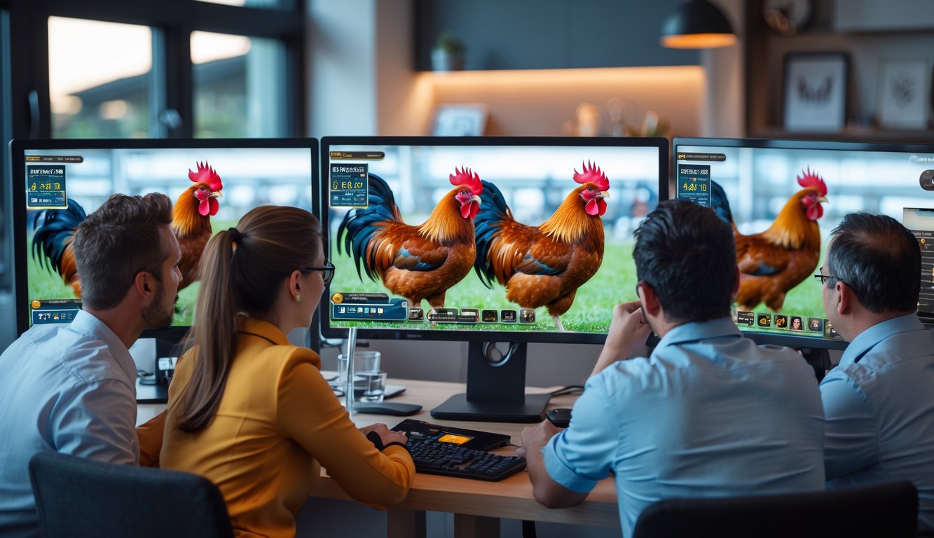 Sejumlah orang dewasa sedang menonton pertandingan sabung ayam secara langsung di layar komputer dalam ruangan yang terang dan rapi.