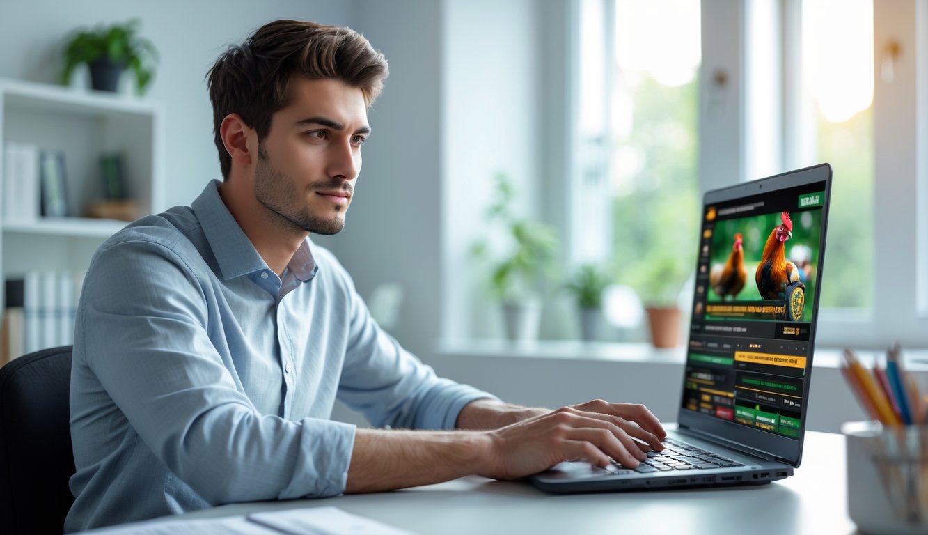 Seorang pria muda duduk di meja dengan laptop di ruang kerja rumah yang terang dan rapi, fokus menggunakan komputer.