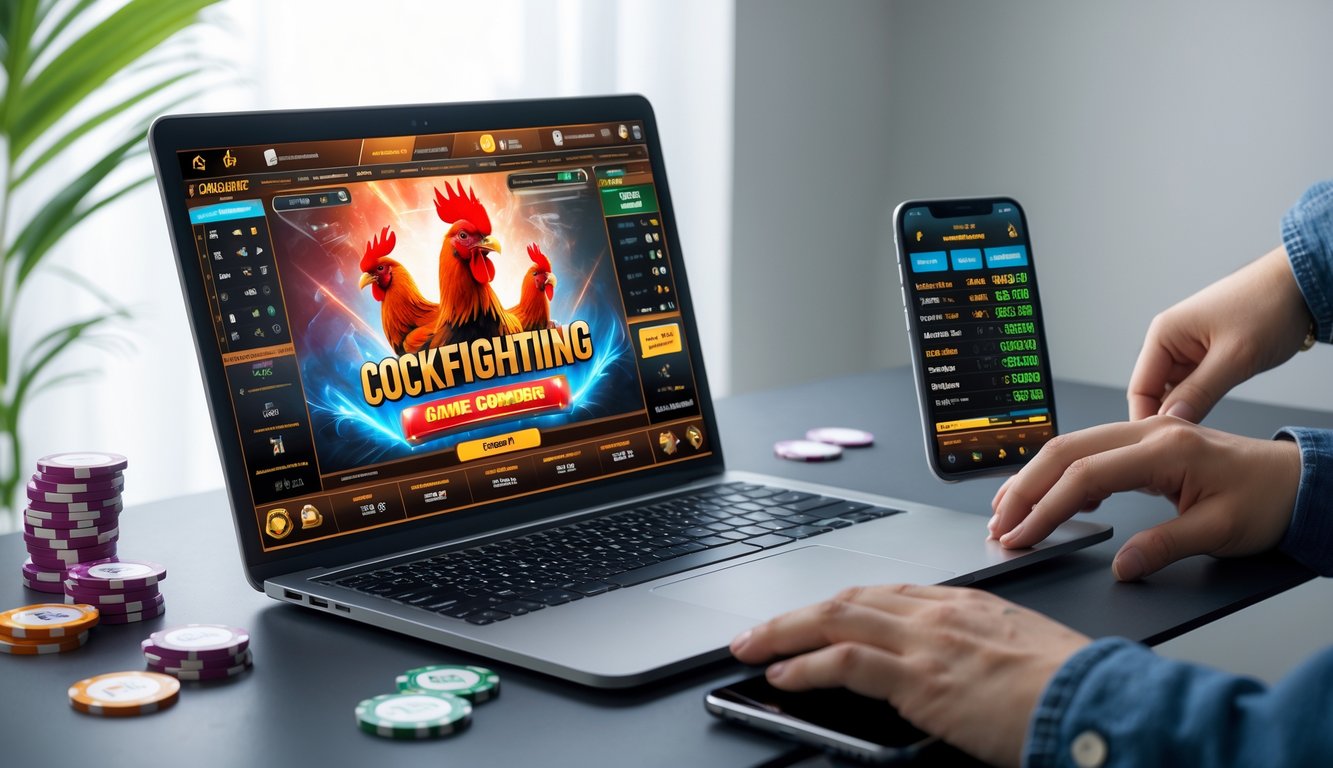 Seseorang sedang menggunakan laptop untuk bermain judi sabung ayam online di meja kerja dengan chip dan ponsel di dekatnya.