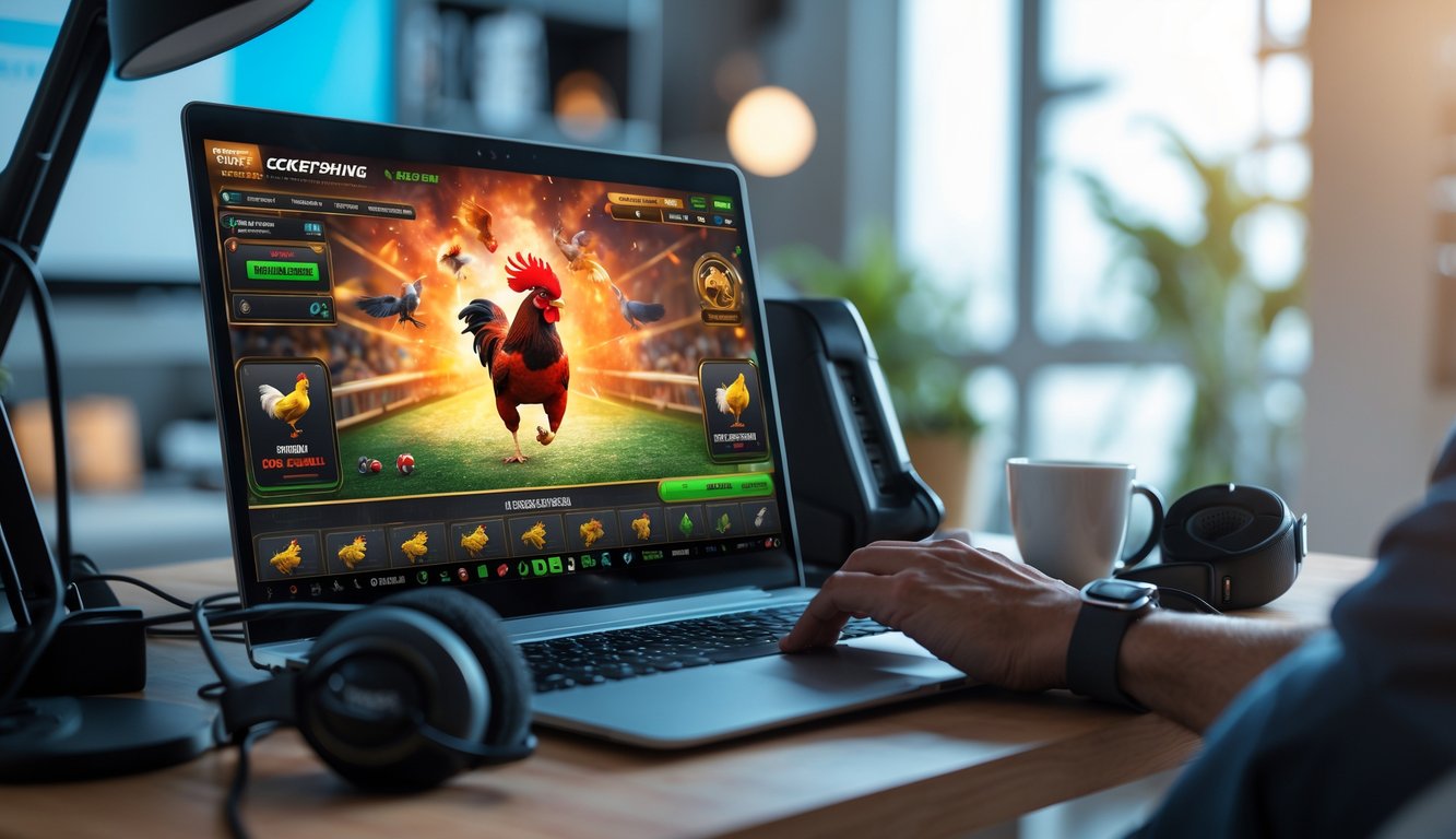 Seseorang menggunakan laptop di meja kerja dengan tampilan permainan sabung ayam online di layar, di ruangan yang terang dan rapi.