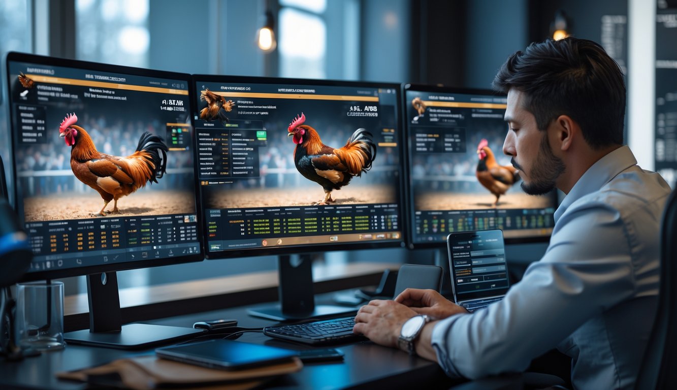 Seseorang sedang menggunakan komputer dengan beberapa layar menampilkan pertandingan sabung ayam dan data taruhan secara online.