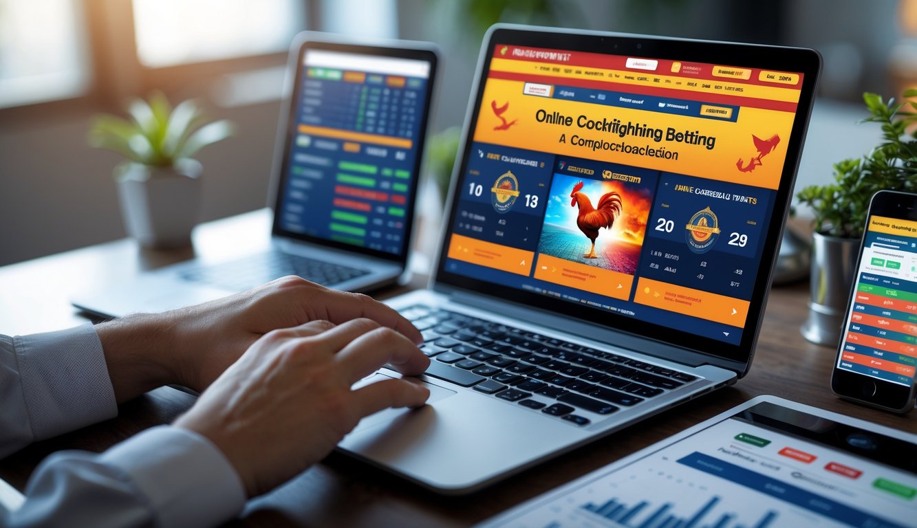 Seorang pengguna sedang menggunakan laptop di meja kerja dengan tampilan situs judi sabung ayam online di layar.