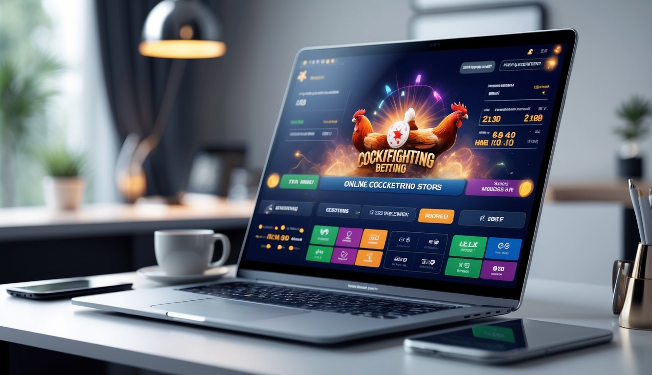 Seorang pengguna sedang melihat layar komputer dengan tampilan situs judi ayam online di meja kerja yang rapi dan terang.