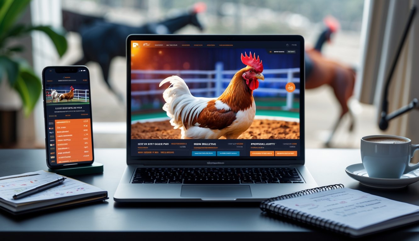 Seseorang menggunakan laptop dan ponsel untuk memasang taruhan sabung ayam online di sebuah meja kerja modern.