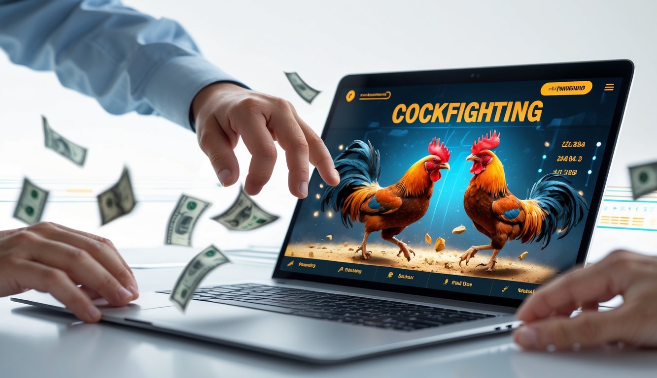 Seseorang menggunakan perangkat digital untuk bertaruh pada pertandingan sabung ayam secara online dengan uang asli dan proses cepat.