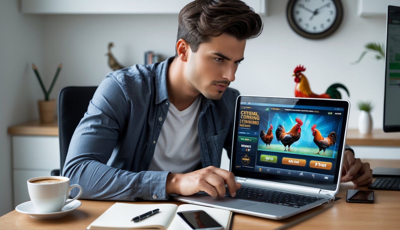 Seorang pria muda duduk di meja dengan laptop, fokus pada permainan sabung ayam online di layar komputer di ruang kerja rumah.