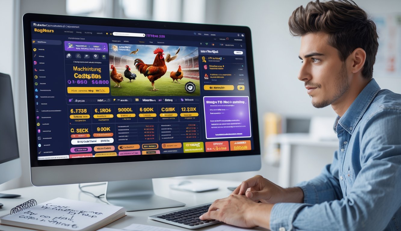 Seorang pemuda sedang menggunakan komputer untuk belajar tentang taruhan sabung ayam online di meja kerja yang rapi.