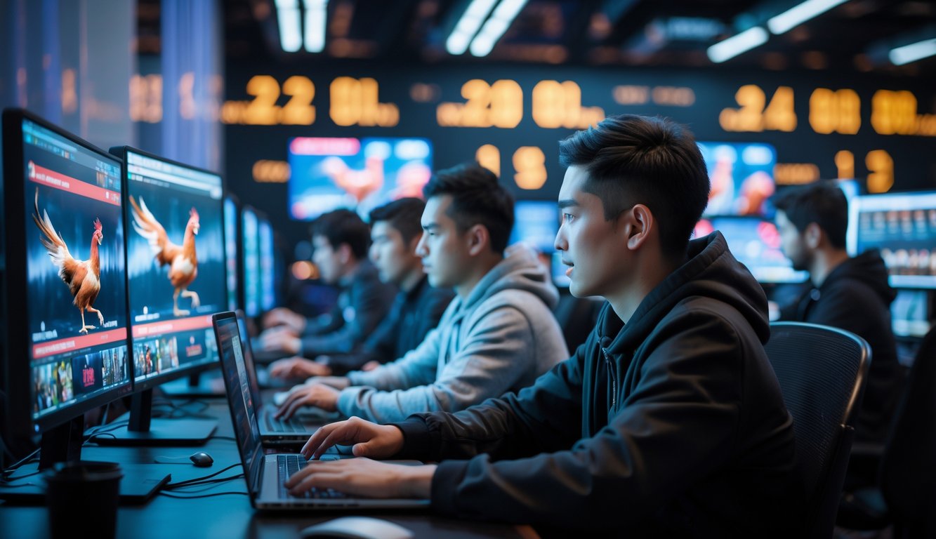 Orang-orang menonton pertandingan sabung ayam secara online dengan beberapa layar komputer yang menampilkan siaran langsung nonstop.