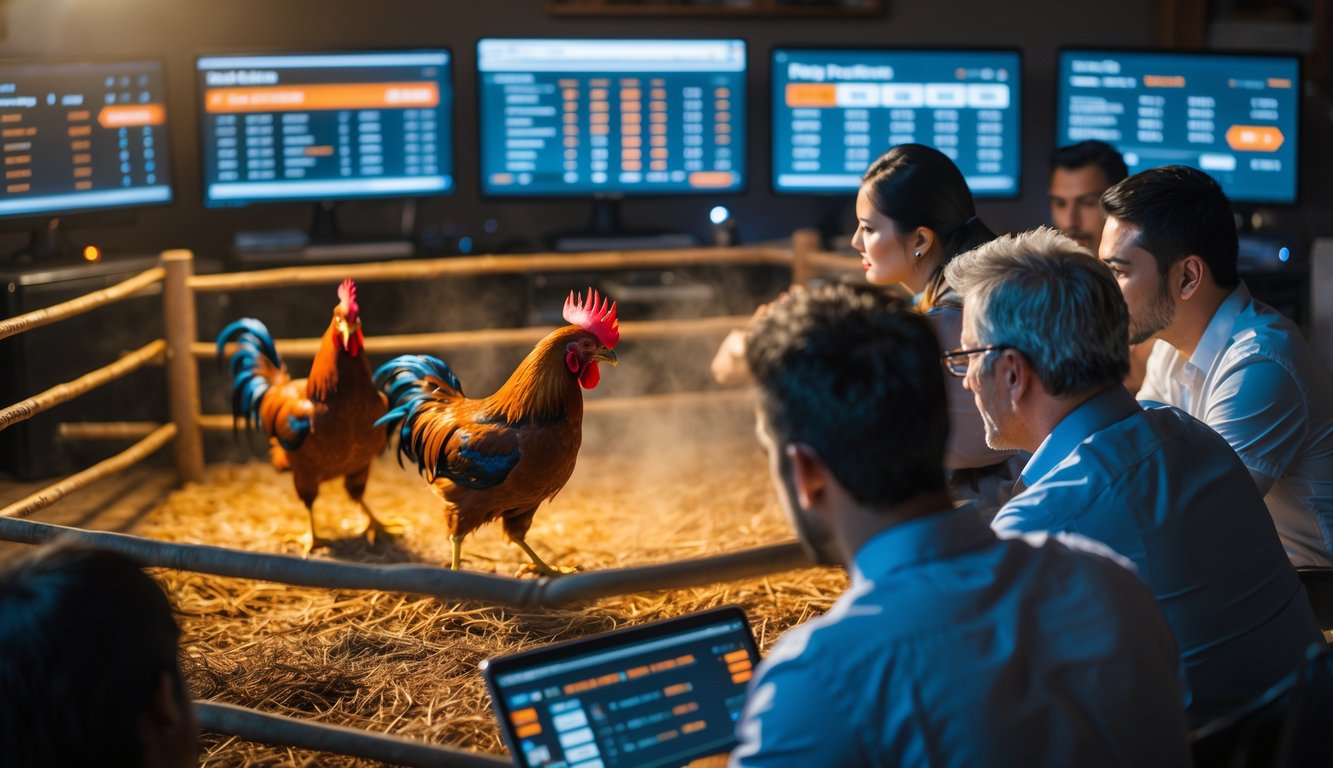 Dua ayam jago sedang bertarung di arena dengan orang-orang yang menonton melalui perangkat elektronik di latar belakang.