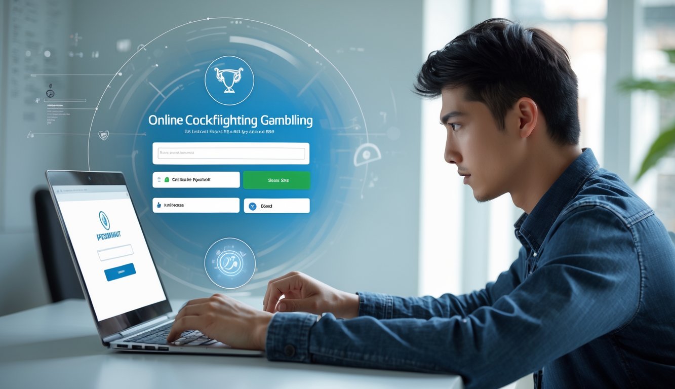 Seseorang sedang duduk di depan laptop mengisi formulir pendaftaran akun untuk bermain judi sabung ayam online.