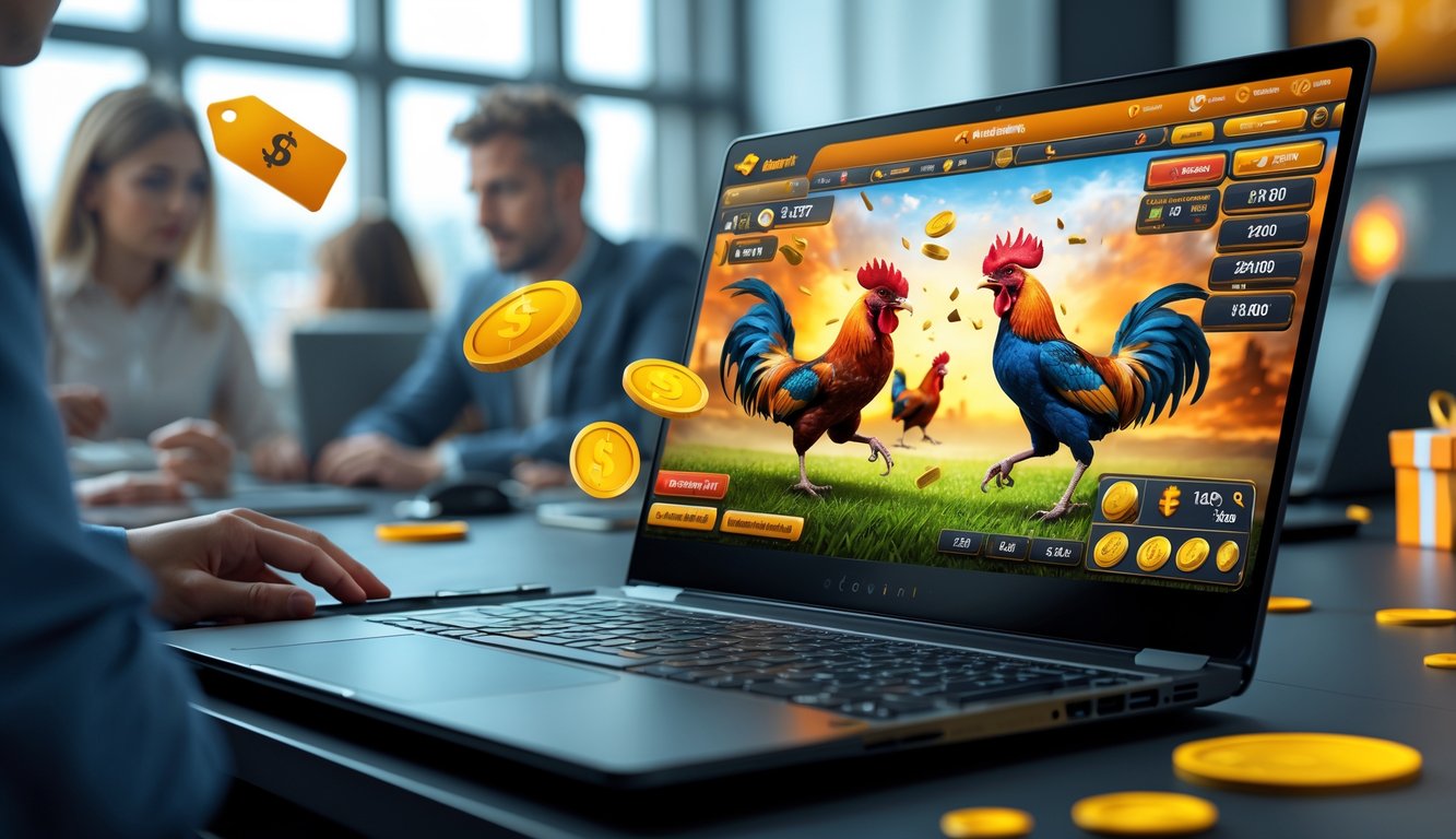 Seorang pemain menggunakan laptop untuk mengikuti pertandingan sabung ayam online dengan latar ruang kerja modern dan elemen hadiah serta promosi di sekitar meja.