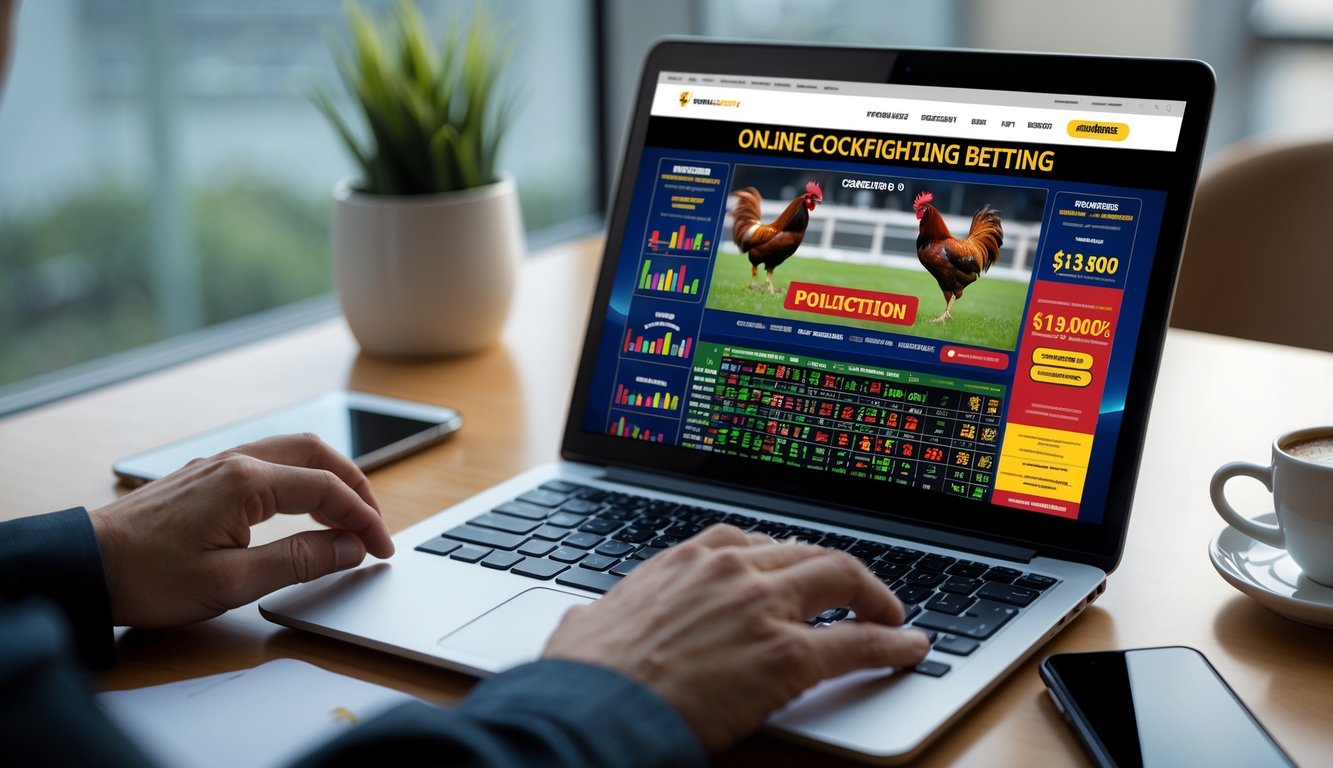 Seseorang menggunakan laptop untuk bermain judi sabung ayam online di meja kerja dengan suasana nyaman dan pencahayaan alami.