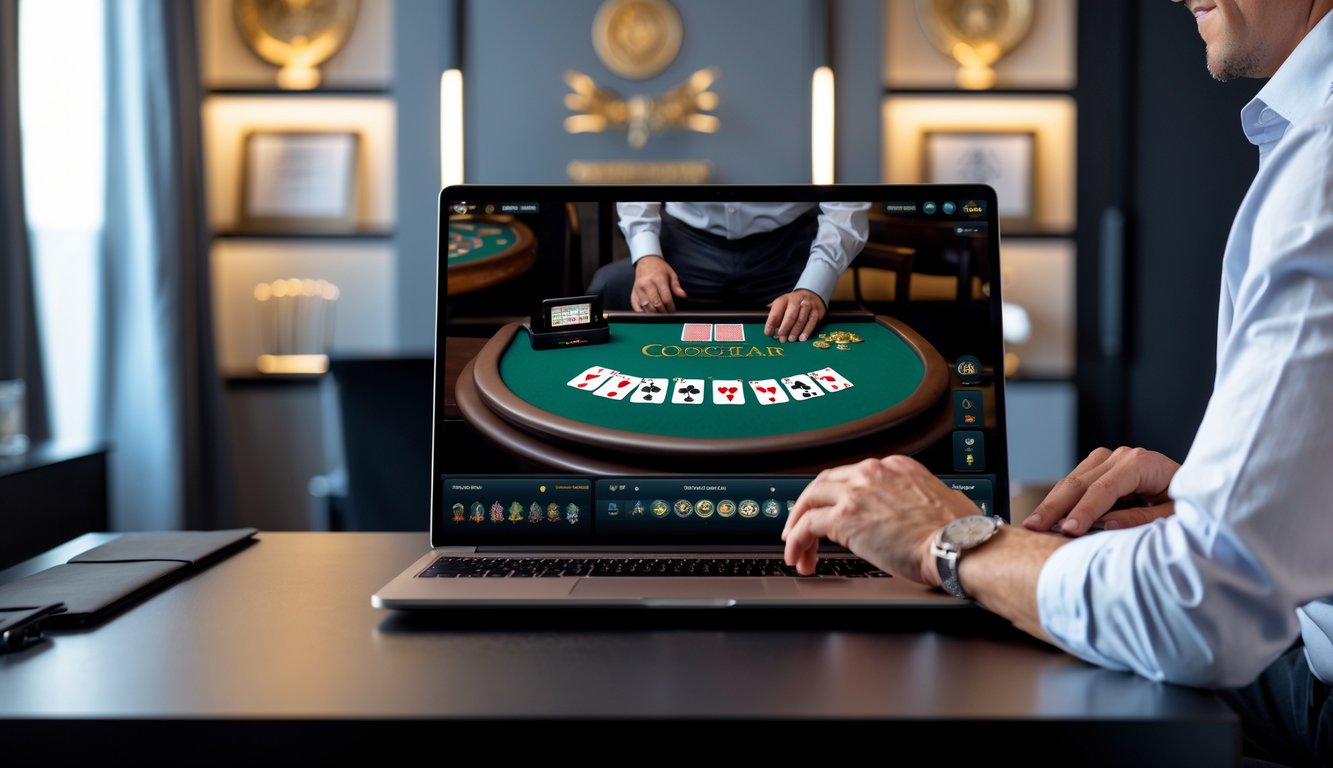 Seorang pemain blackjack online yang percaya diri menggunakan komputer dengan meja blackjack digital di layar dalam ruangan modern yang terang.