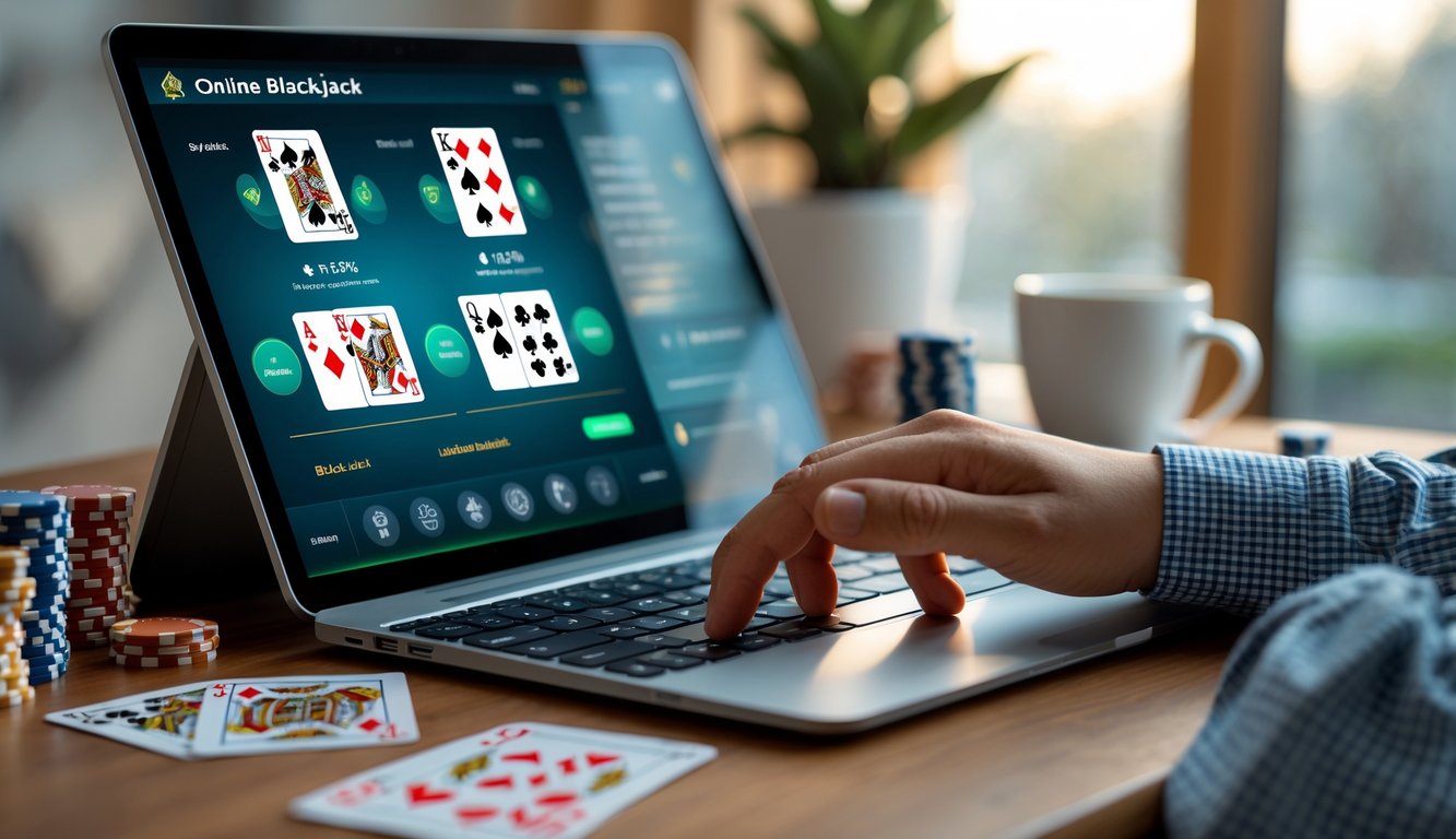 Seseorang sedang bermain blackjack online menggunakan laptop di atas meja dengan kartu dan chip poker di sekitarnya.