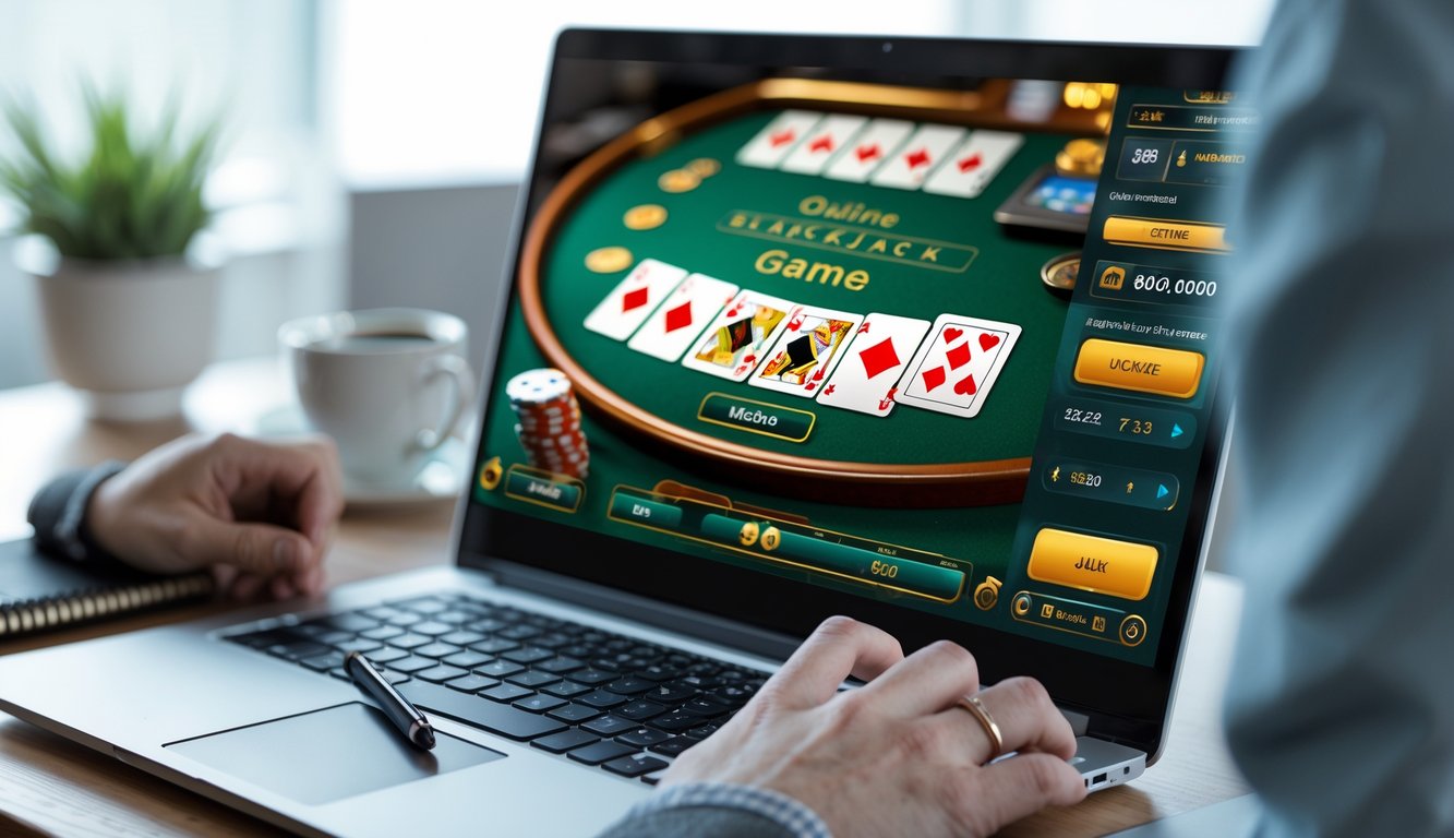 Seseorang bermain blackjack online di depan laptop di meja kerja dengan alat tulis dan kopi.