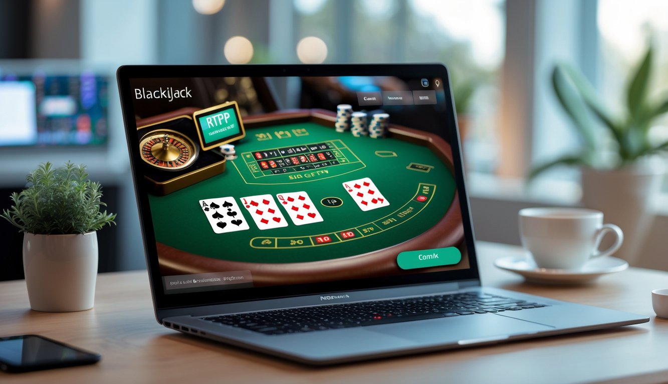 Seseorang sedang bermain blackjack online di komputer dengan tampilan kartu dan chip yang jelas di layar.