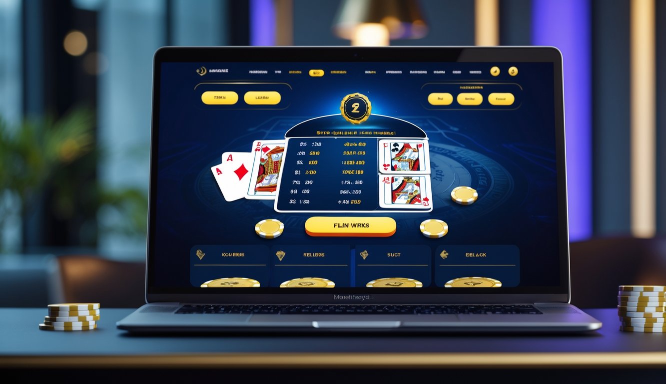 Tampilan layar komputer dengan permainan blackjack online yang profesional dan elegan di lingkungan yang modern dan terpercaya.