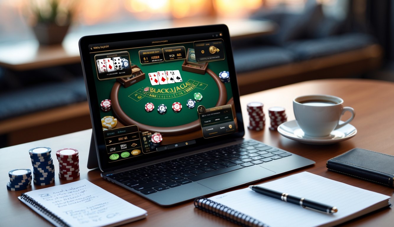 Seorang pemain sedang bermain blackjack online di laptop dengan chip poker kecil, buku catatan, dan kopi di atas meja kayu.