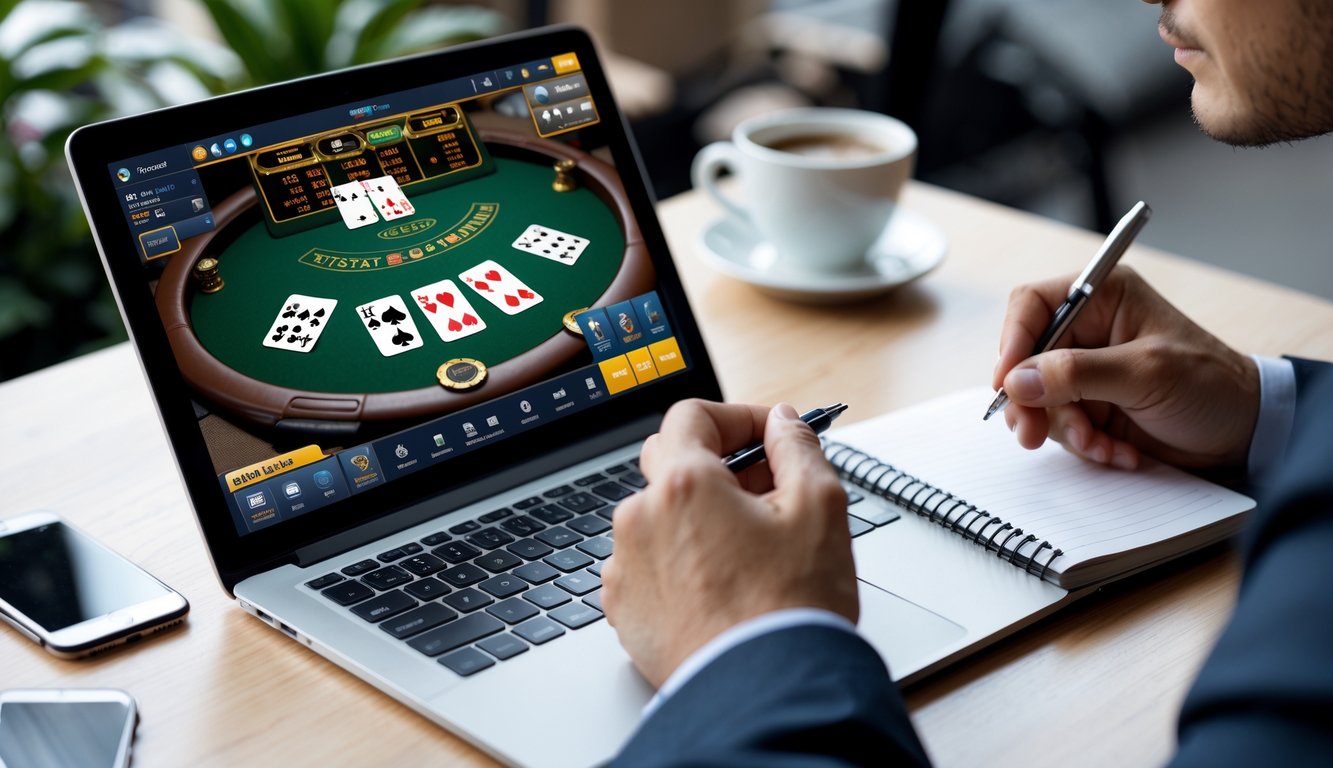 Seseorang sedang bermain blackjack online di laptop dengan kartu dan chip terlihat jelas, sambil mencatat strategi di meja kerja yang rapi.
