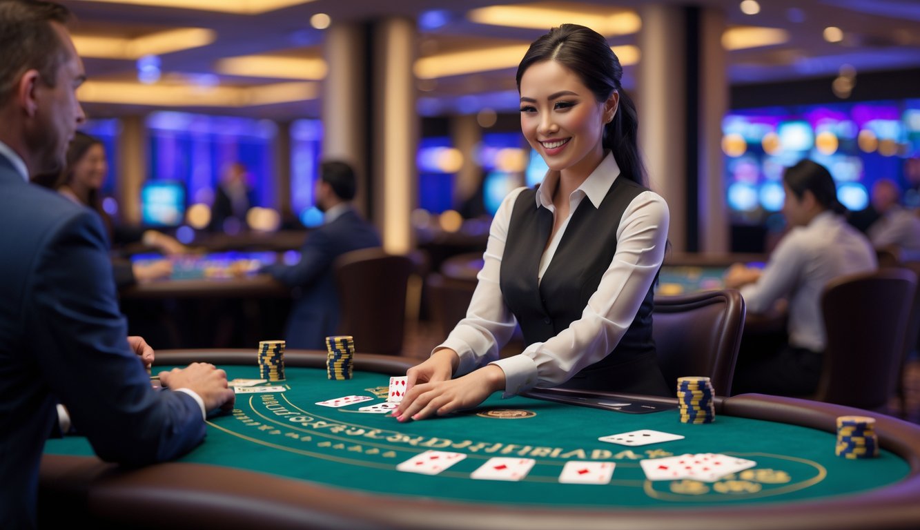 Seorang dealer wanita profesional sedang membagikan kartu di meja blackjack dengan suasana kasino modern.