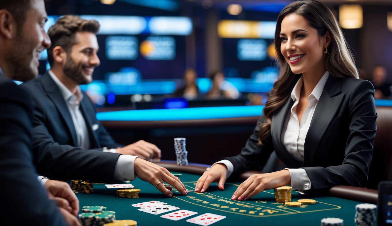Seorang dealer blackjack profesional sedang melayani permainan blackjack online dengan kartu dan chip di meja kasino.