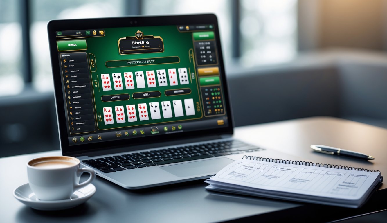 Seorang individu sedang belajar strategi blackjack online dengan laptop yang menampilkan permainan blackjack dan buku catatan di meja kerja.