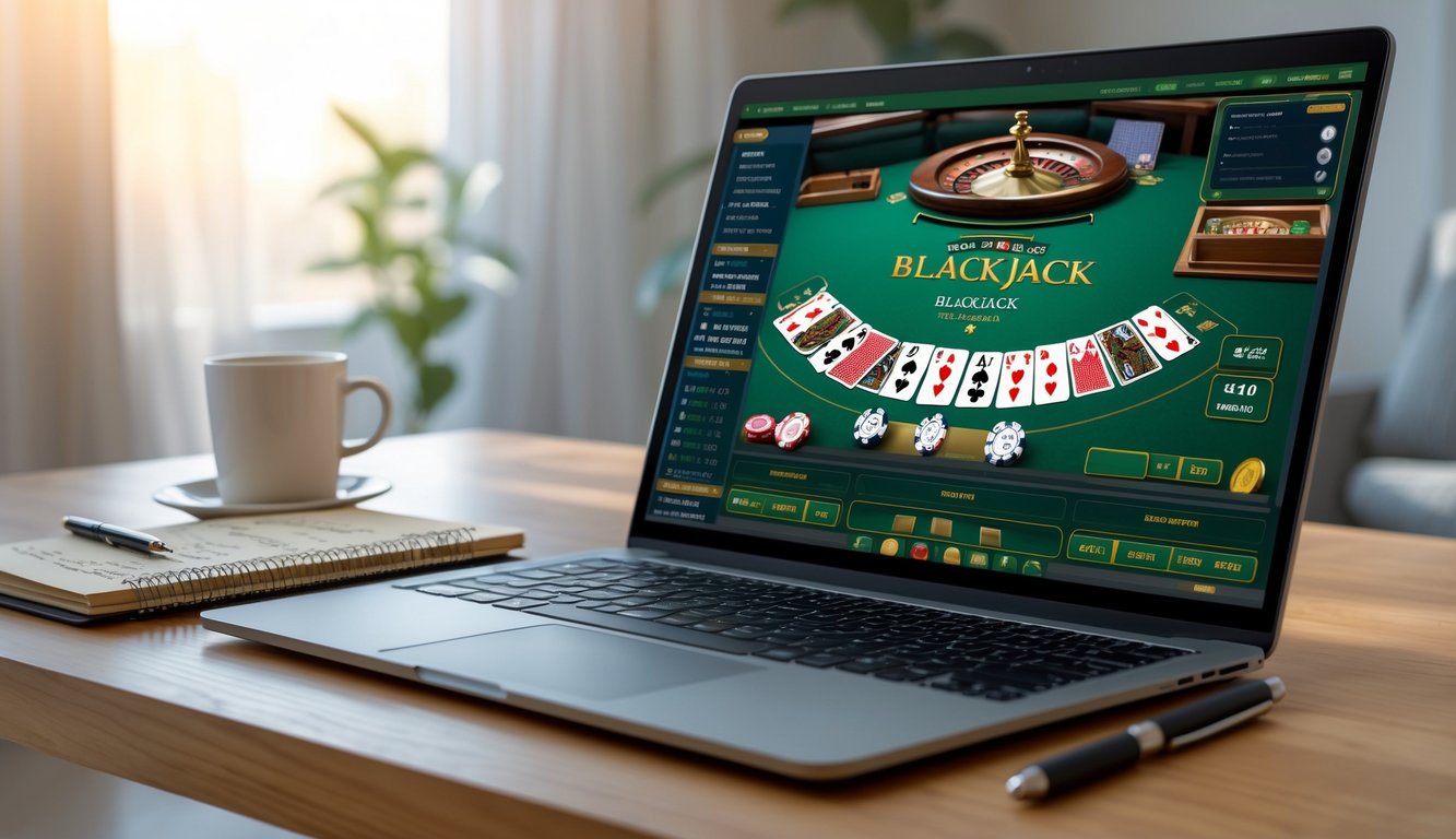 Seorang pemain sedang belajar strategi blackjack online menggunakan laptop di meja kerja dengan catatan dan alat tulis di sampingnya.