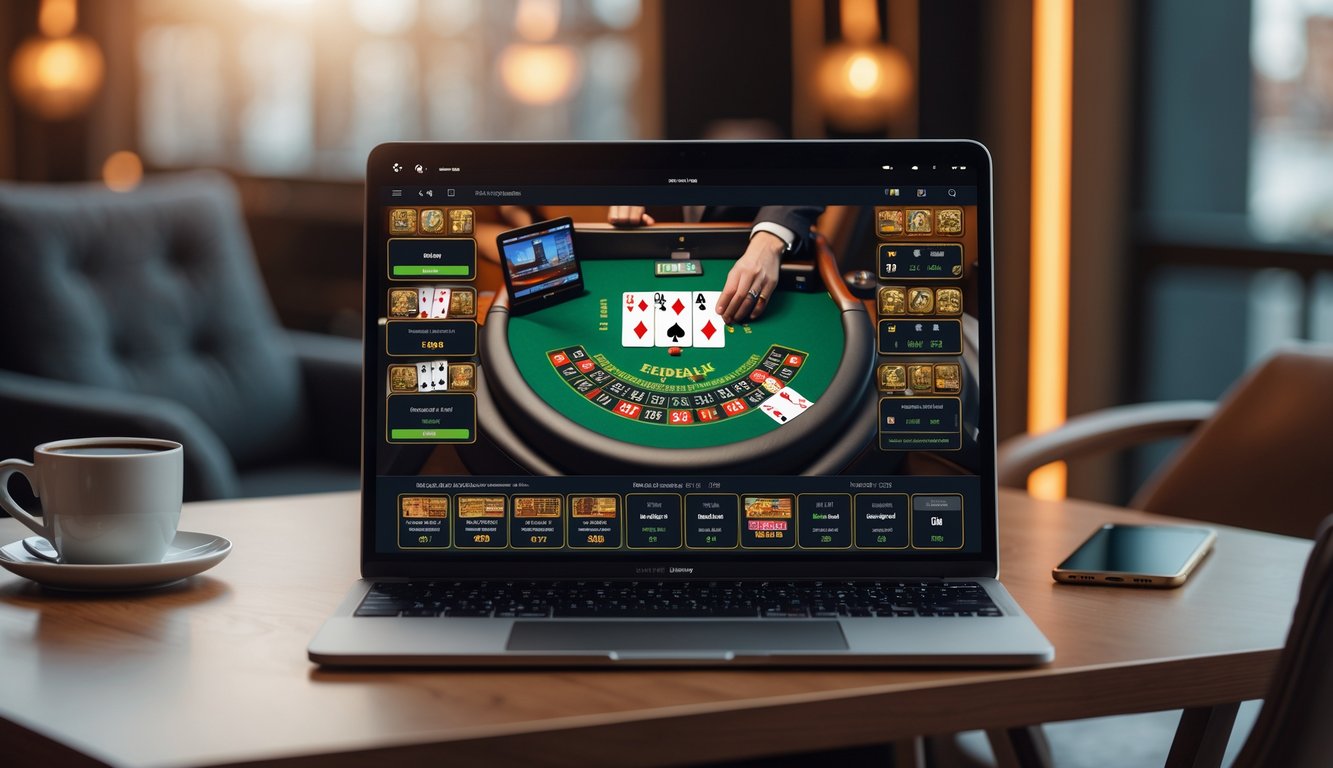 Seorang pemain menggunakan laptop untuk bermain blackjack online dengan kartu dan chip terlihat di layar, di atas meja kayu dengan suasana nyaman.