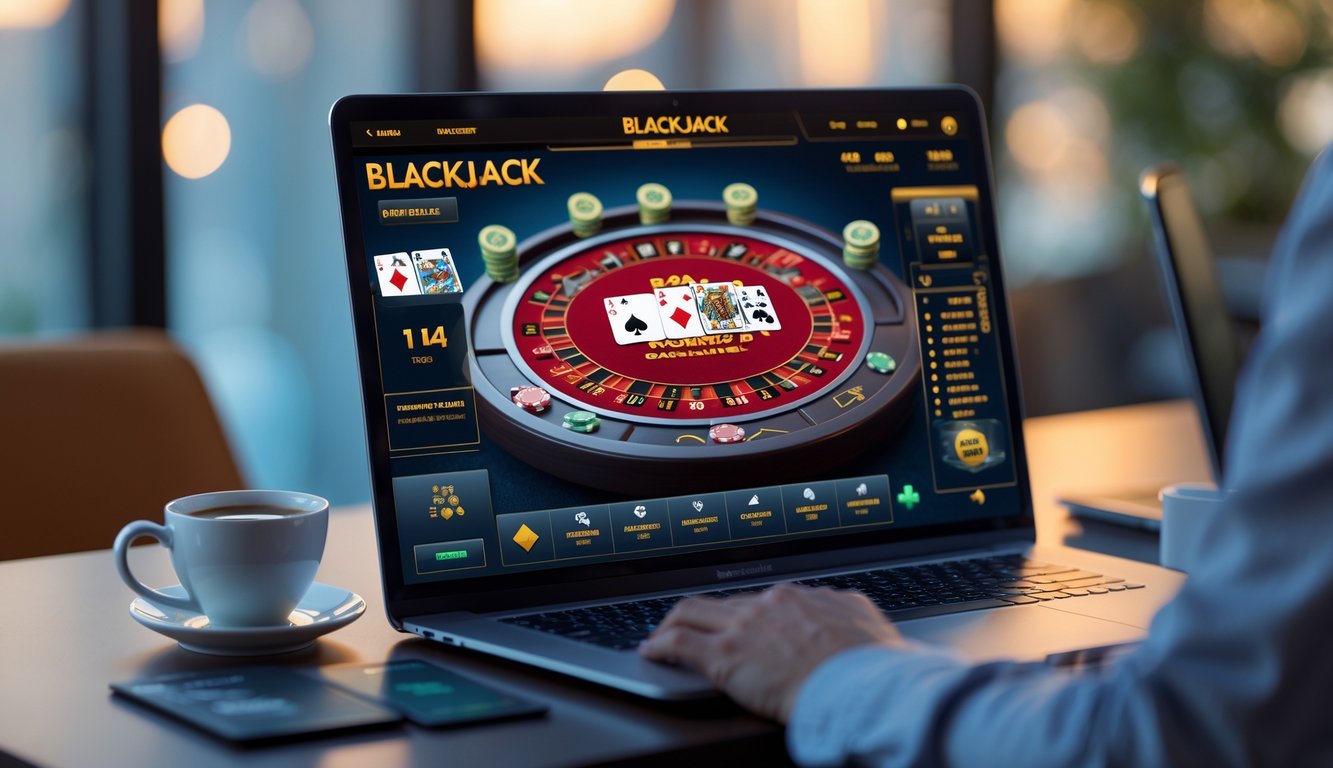Sebuah komputer dengan layar menampilkan permainan blackjack online dengan kartu dan chip di atas meja kerja yang rapi.