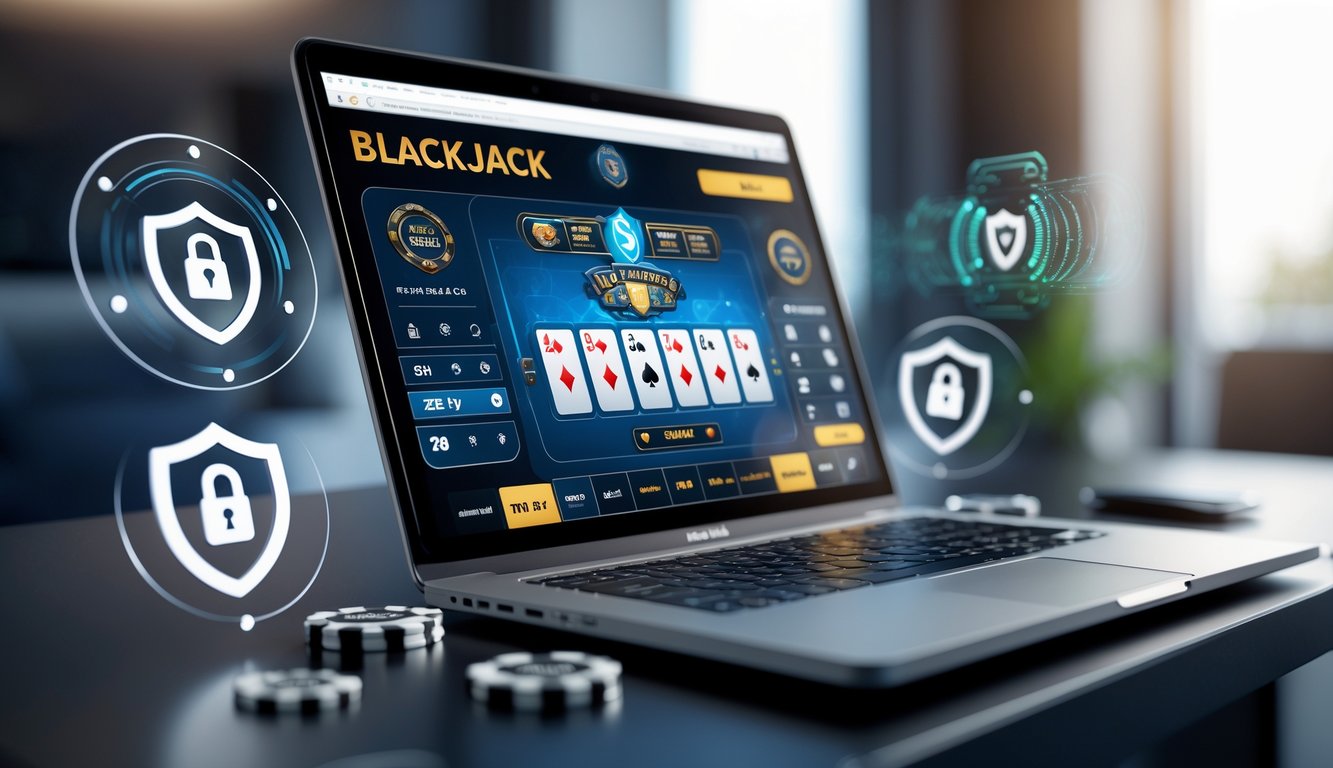 Seorang pemain menggunakan komputer untuk bermain blackjack online dengan suasana yang aman dan profesional.