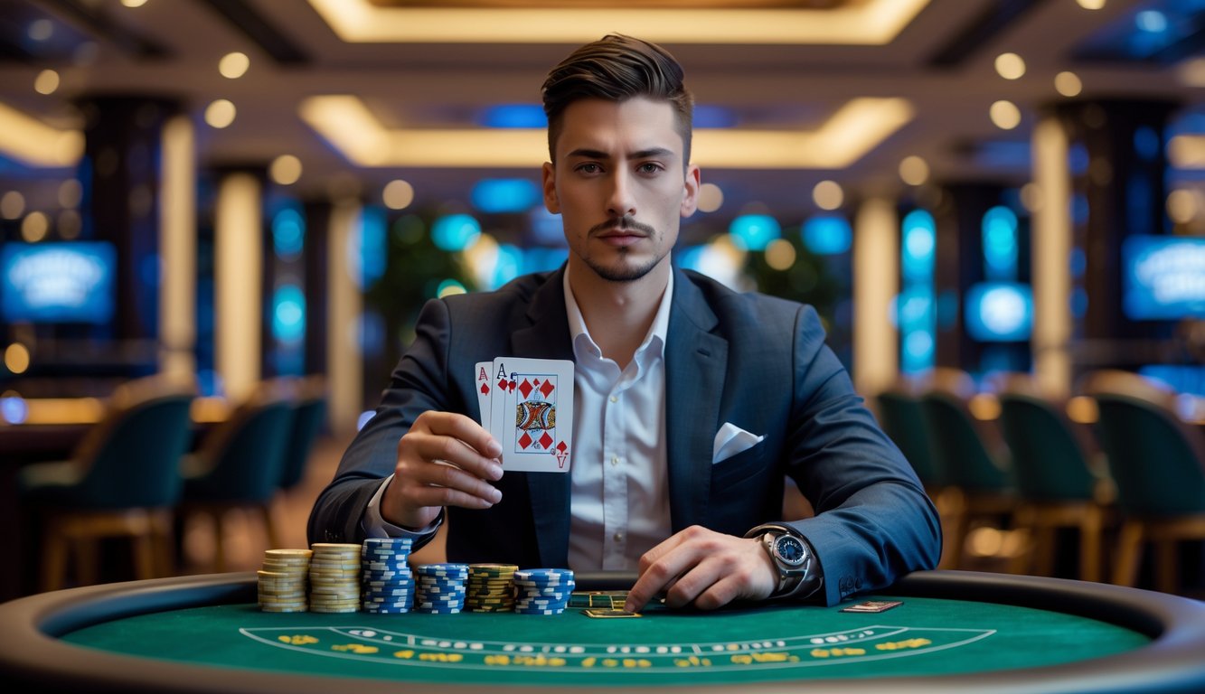 Seorang pemain blackjack profesional duduk di meja kasino dengan kartu dan tumpukan chip, fokus dan percaya diri.