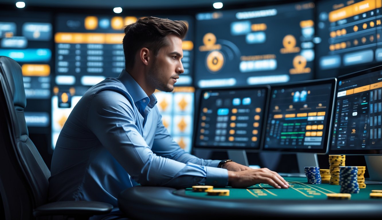 Seorang pemain profesional sedang bermain blackjack online dengan beberapa layar menampilkan permainan dan strategi di meja modern.