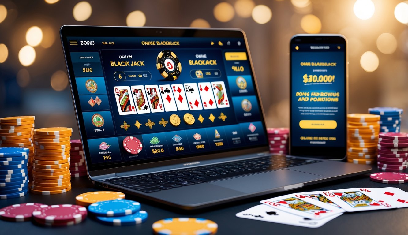 Sebuah laptop modern menampilkan permainan blackjack online dengan kartu dan chip poker di sekitarnya serta ponsel yang menunjukkan penawaran bonus dan promo.