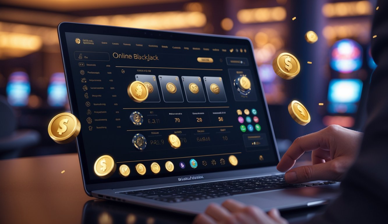 Seseorang menggunakan laptop dengan layar menampilkan permainan blackjack online dengan kartu dan chip, di latar belakang suasana kasino yang hangat dan menarik.