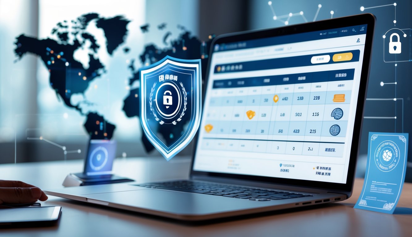 Sebuah ruang kerja modern dengan laptop yang menampilkan antarmuka lotere digital dan simbol keamanan di sekitarnya.
